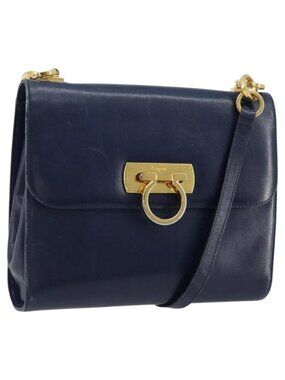 Authentic Salvatore Ferragamo Gancini Shoulder Bag Leather Navy Gold
